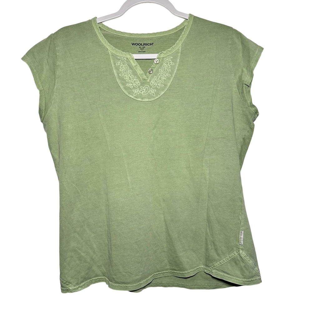 WOOLRICH Womens Green Embroidered Henley T Shirt Size L